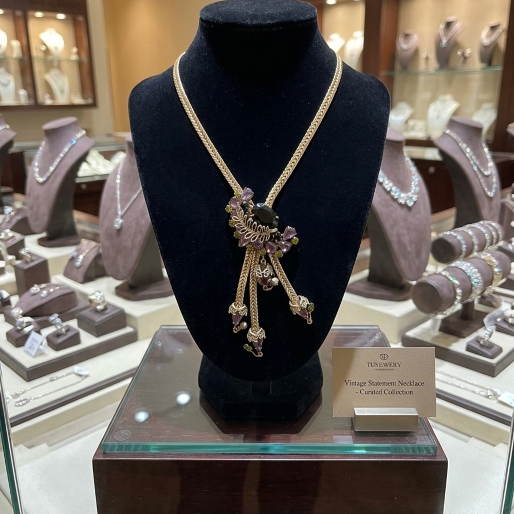 Gold-tone Statement Necklace with Purple Accents